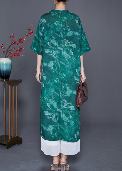 Beautiful Green V Neck Tie Dye Linen Long Dress Summer LY7622