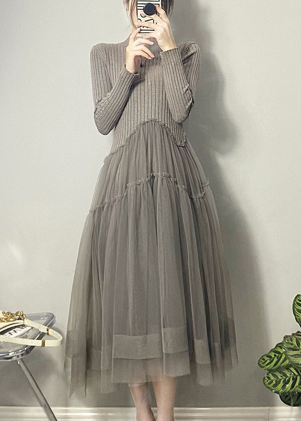 Beautiful Grey Asymmetrical Tulle Patchwork Long Dresses Fall Ada Fashion