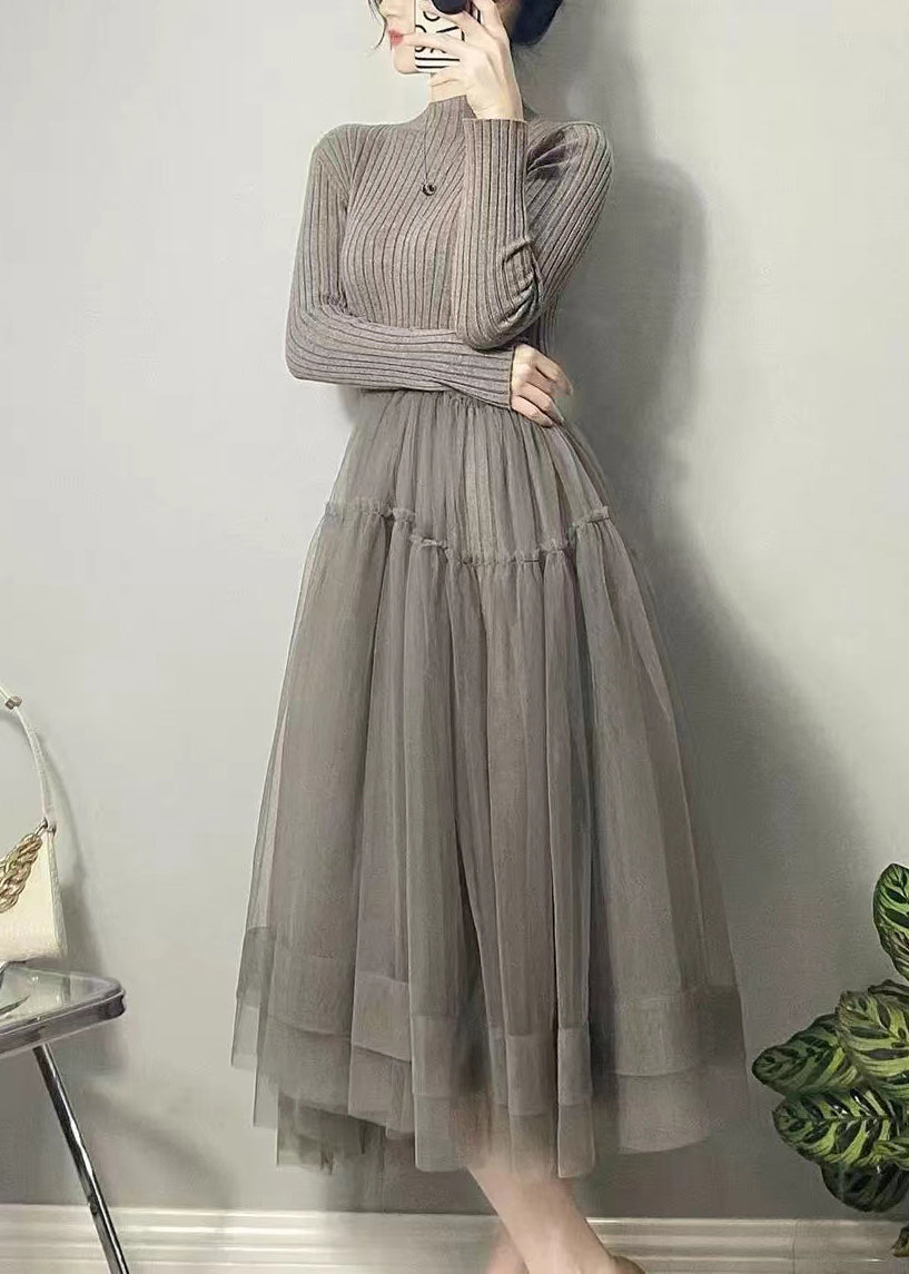 Beautiful Grey Asymmetrical Tulle Patchwork Long Dresses Fall Ada Fashion