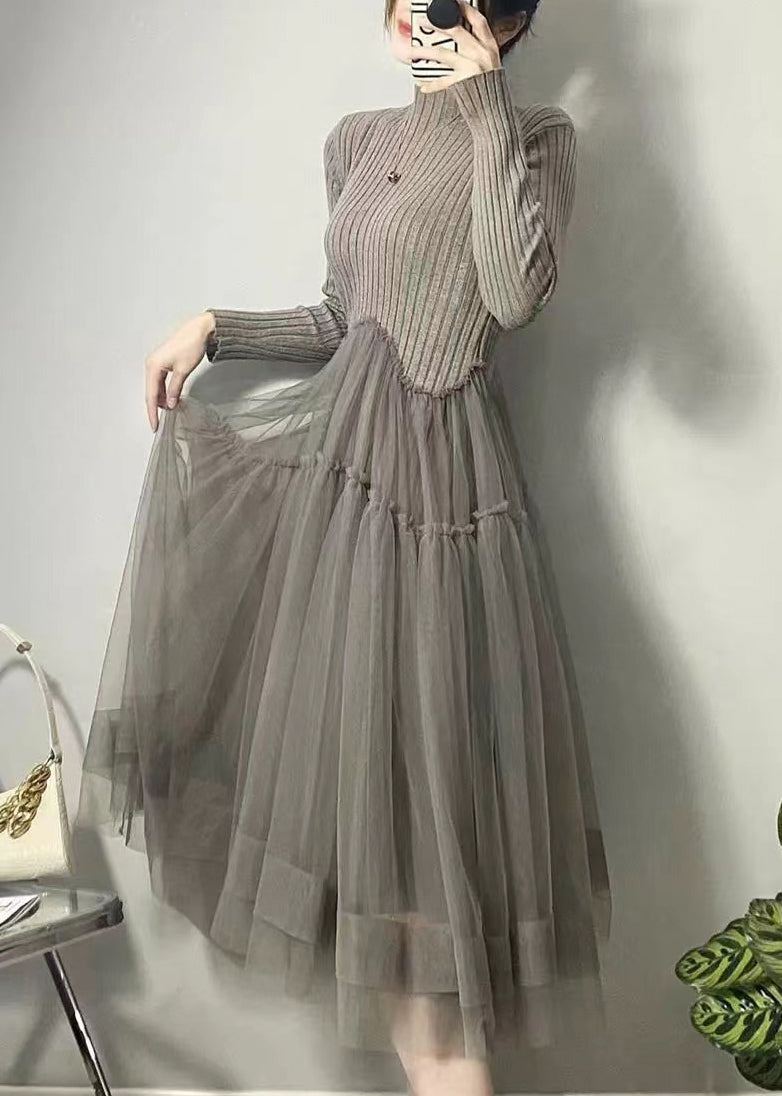 Beautiful Grey Asymmetrical Tulle Patchwork Long Dresses Fall Ada Fashion