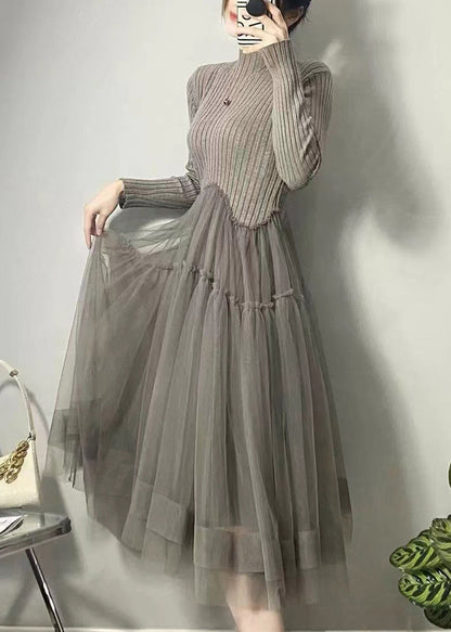 Beautiful Grey Asymmetrical Tulle Patchwork Long Dresses Fall Ada Fashion