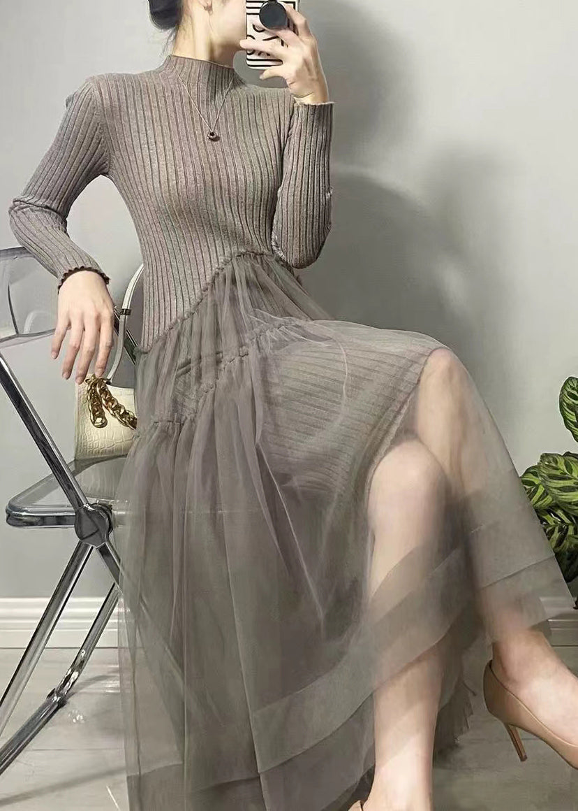 Beautiful Grey Asymmetrical Tulle Patchwork Long Dresses Fall Ada Fashion