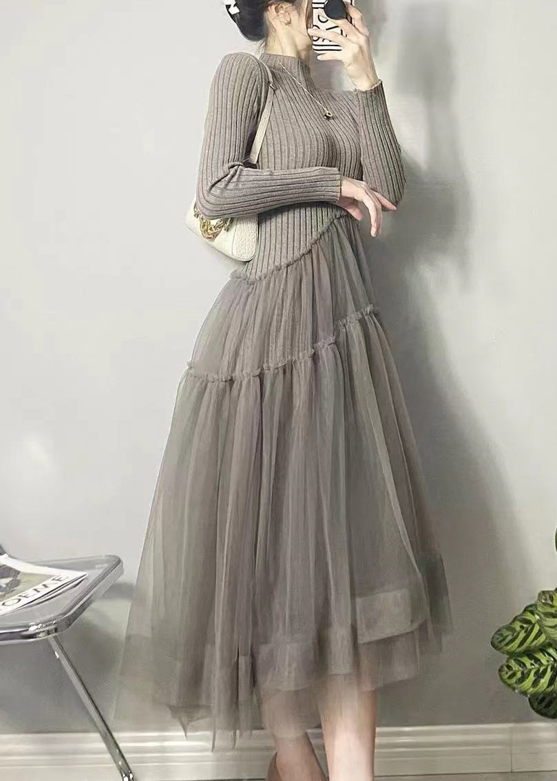 Beautiful Grey Asymmetrical Tulle Patchwork Long Dresses Fall Ada Fashion