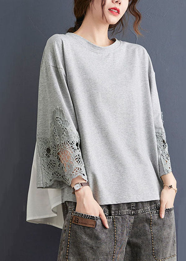 Beautiful Grey O Neck Hollow Out Embroideried Patchwork Cotton T Shirt Top Summer LY5675 - fabuloryshop