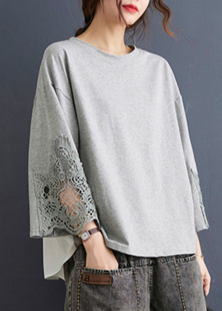 Beautiful Grey O Neck Hollow Out Embroideried Patchwork Cotton T Shirt Top Summer LY5675 - fabuloryshop