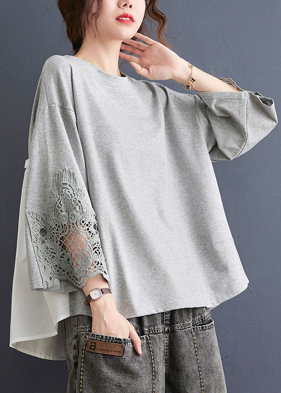 Beautiful Grey O Neck Hollow Out Embroideried Patchwork Cotton T Shirt Top Summer LY5675 - fabuloryshop