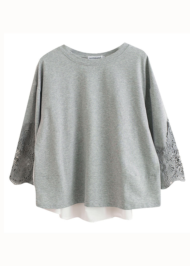 Beautiful Grey O Neck Hollow Out Embroideried Patchwork Cotton T Shirt Top Summer LY5675 - fabuloryshop