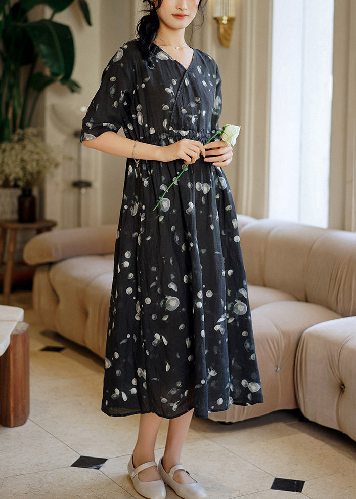 Beautiful Grey Print Patchwork Linen Long Dresses Summer Ada Fashion