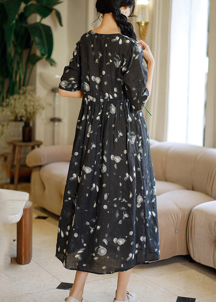 Beautiful Grey Print Patchwork Linen Long Dresses Summer Ada Fashion