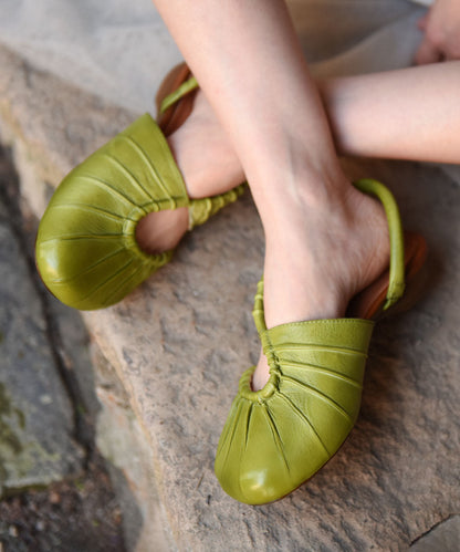 Beautiful Hollow Out Splicing Chunky Flat Sandals Green Cowhide Leather Ada Fashion