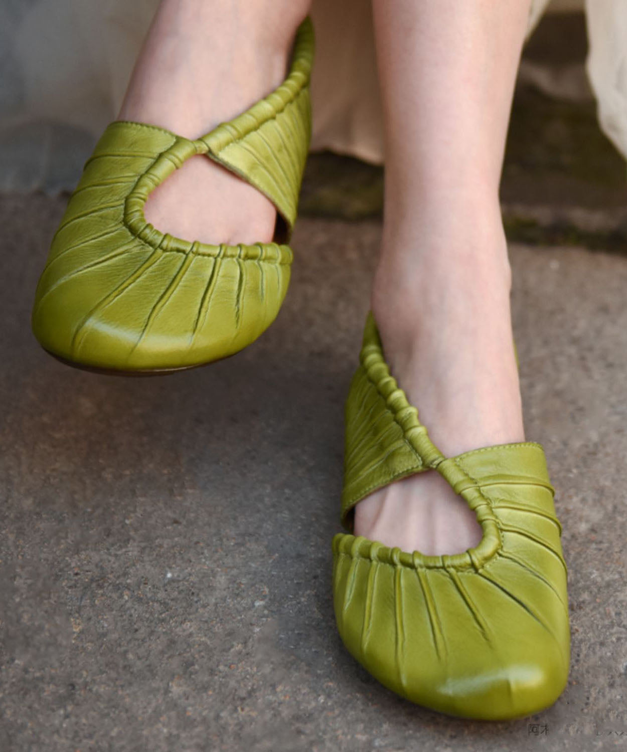 Beautiful Hollow Out Splicing Chunky Flat Sandals Green Cowhide Leather Ada Fashion