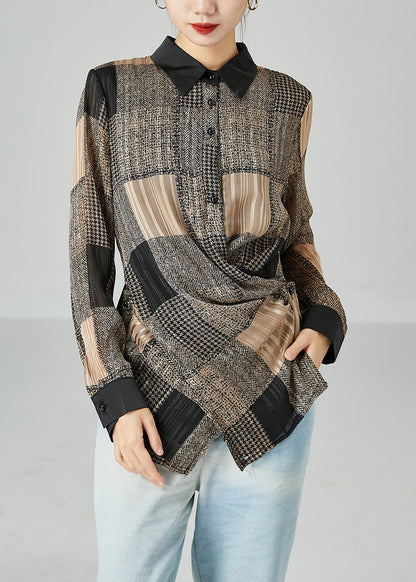 Beautiful Khaki Asymmetrical Design Plaid Chiffon Shirts Spring LY2479 - fabuloryshop