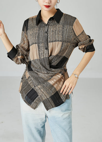 Beautiful Khaki Asymmetrical Design Plaid Chiffon Shirts Spring LY2479 - fabuloryshop