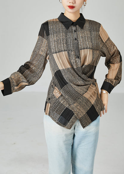 Beautiful Khaki Asymmetrical Design Plaid Chiffon Shirts Spring LY2479 - fabuloryshop