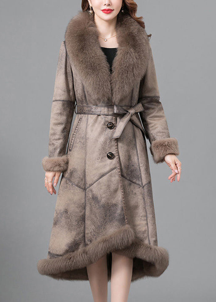 Beautiful Khaki Fox Collar Tie Waist Fuzzy Rabbit Leather And Fur Coats Winter Ada Fashion