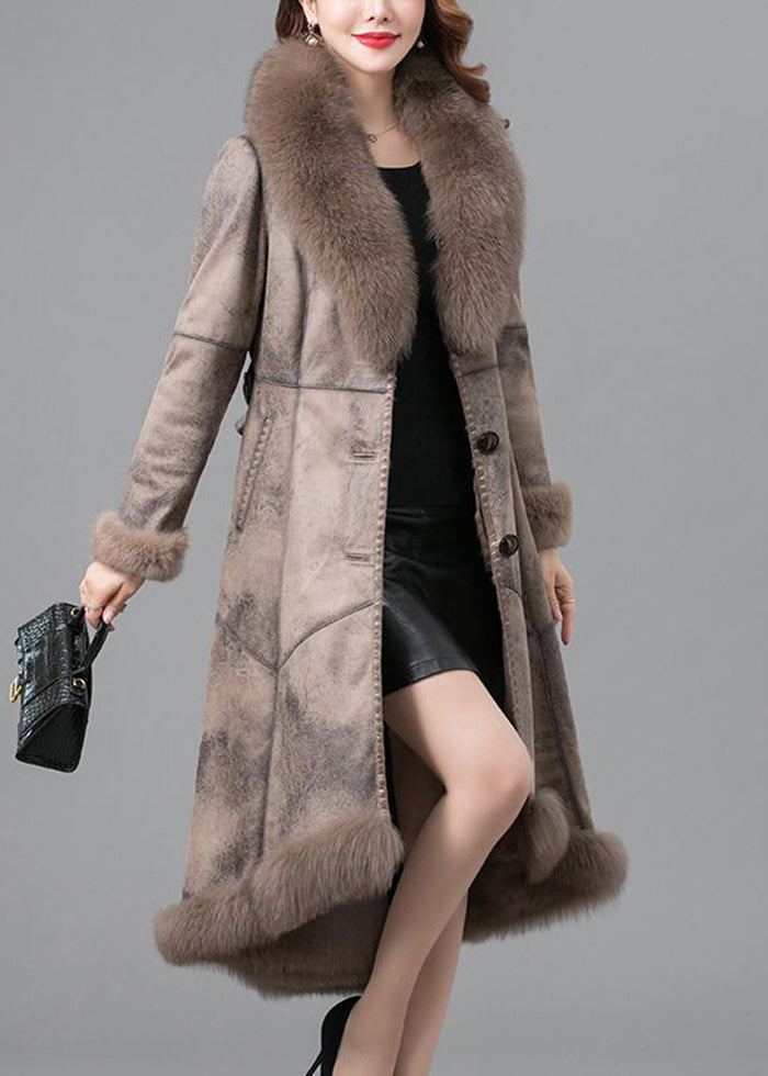 Beautiful Khaki Fox Collar Tie Waist Fuzzy Rabbit Leather And Fur Coats Winter Ada Fashion