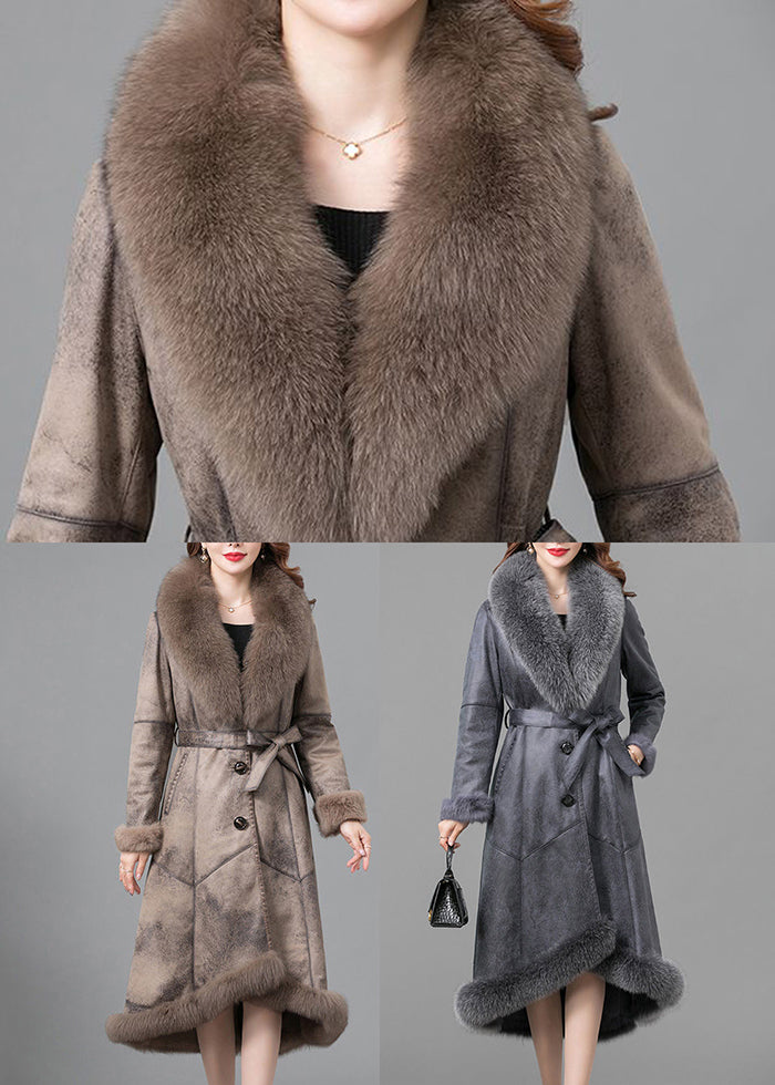 Beautiful Khaki Fox Collar Tie Waist Fuzzy Rabbit Leather And Fur Coats Winter Ada Fashion