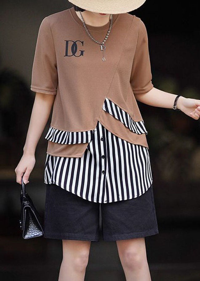 Beautiful Khaki O Neck Striped Patchwork Cotton T Shirt Summer LY3866 - fabuloryshop