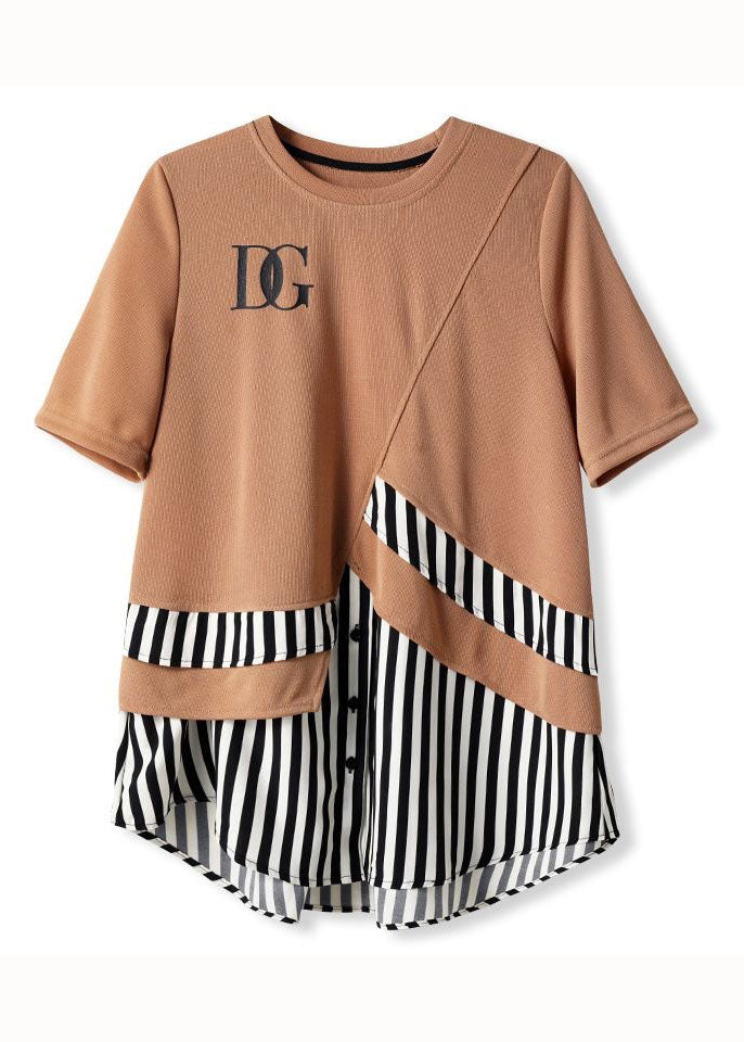 Beautiful Khaki O Neck Striped Patchwork Cotton T Shirt Summer LY3866 - fabuloryshop