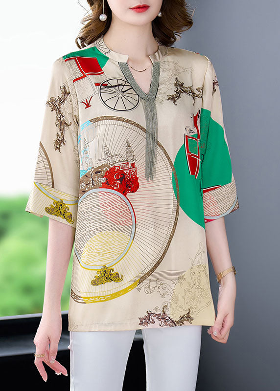 Beautiful Khaki V Neck Print Patchwork Silk Shirts Tops Bracelet Sleeve LY6724 - fabuloryshop