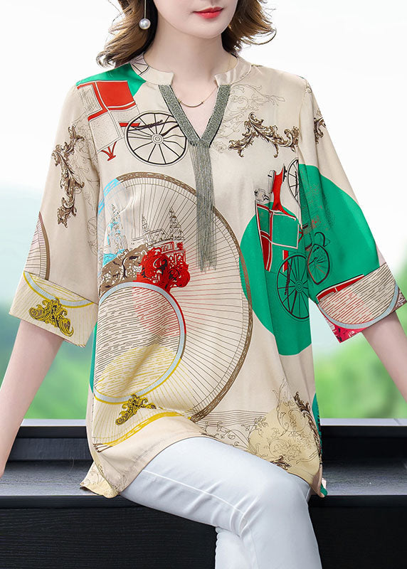 Beautiful Khaki V Neck Print Patchwork Silk Shirts Tops Bracelet Sleeve LY6724 - fabuloryshop