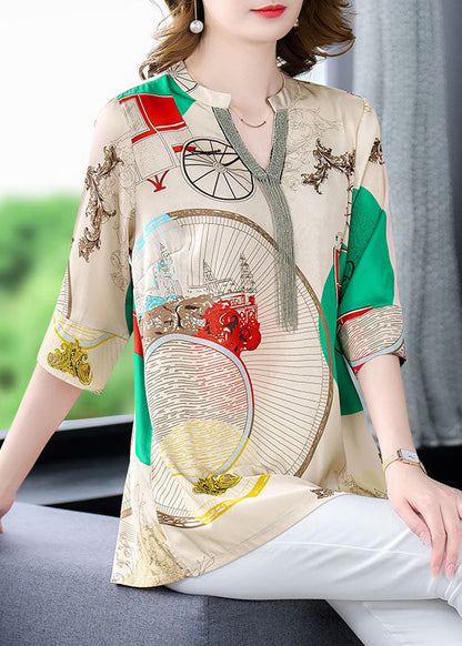 Beautiful Khaki V Neck Print Patchwork Silk Shirts Tops Bracelet Sleeve LY6724 - fabuloryshop