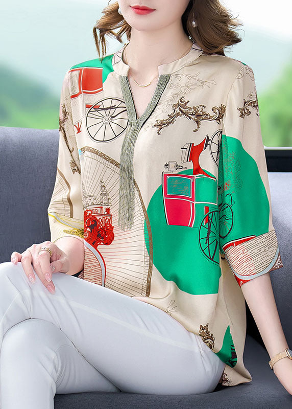 Beautiful Khaki V Neck Print Patchwork Silk Shirts Tops Bracelet Sleeve LY6724 - fabuloryshop