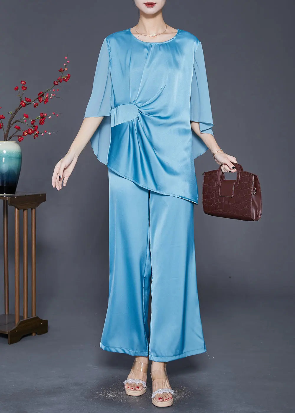 Beautiful Lake Blue Asymmetrical Wrinkled Silk Two Pieces Set Fall Ada Fashion