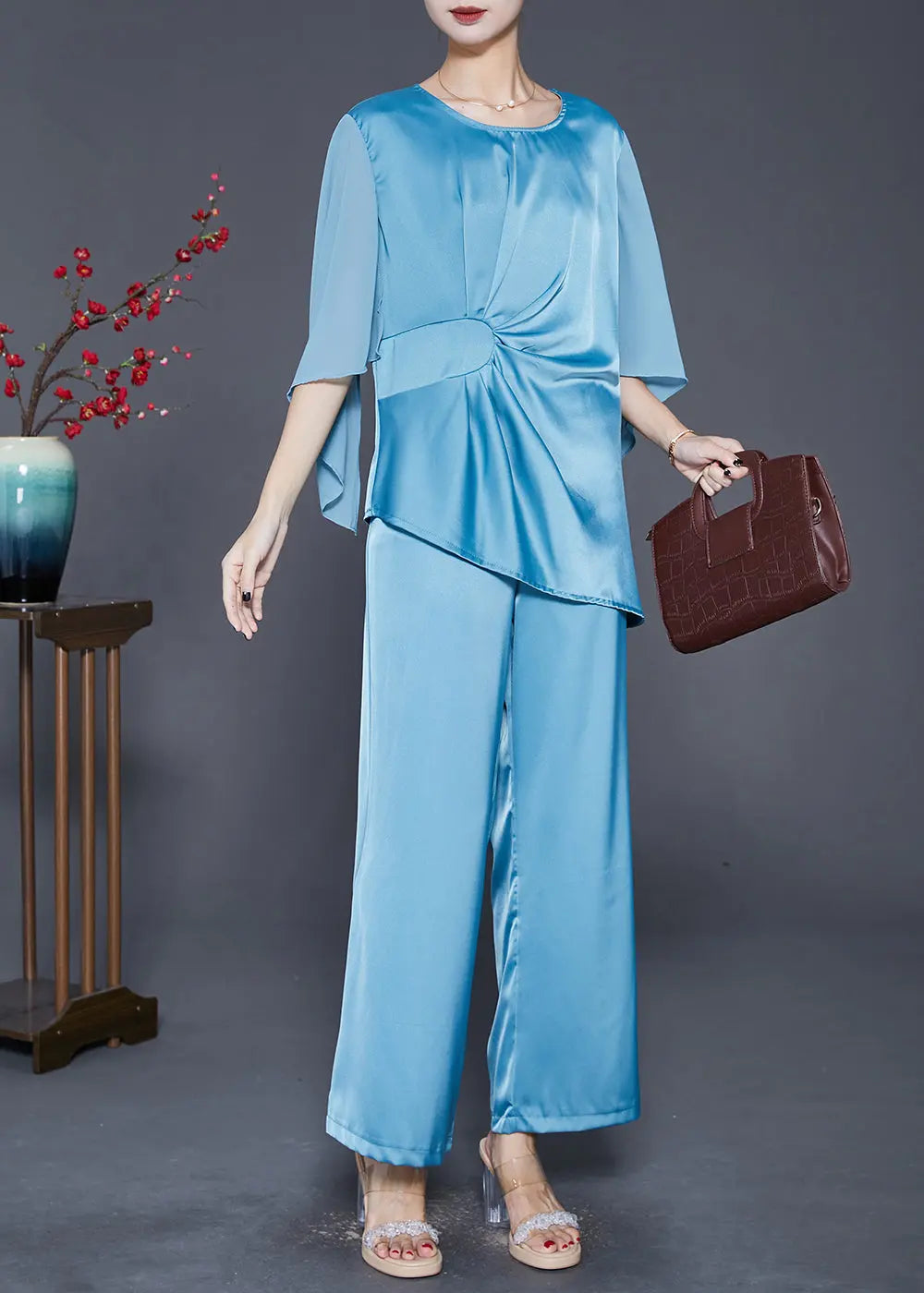 Beautiful Lake Blue Asymmetrical Wrinkled Silk Two Pieces Set Fall Ada Fashion