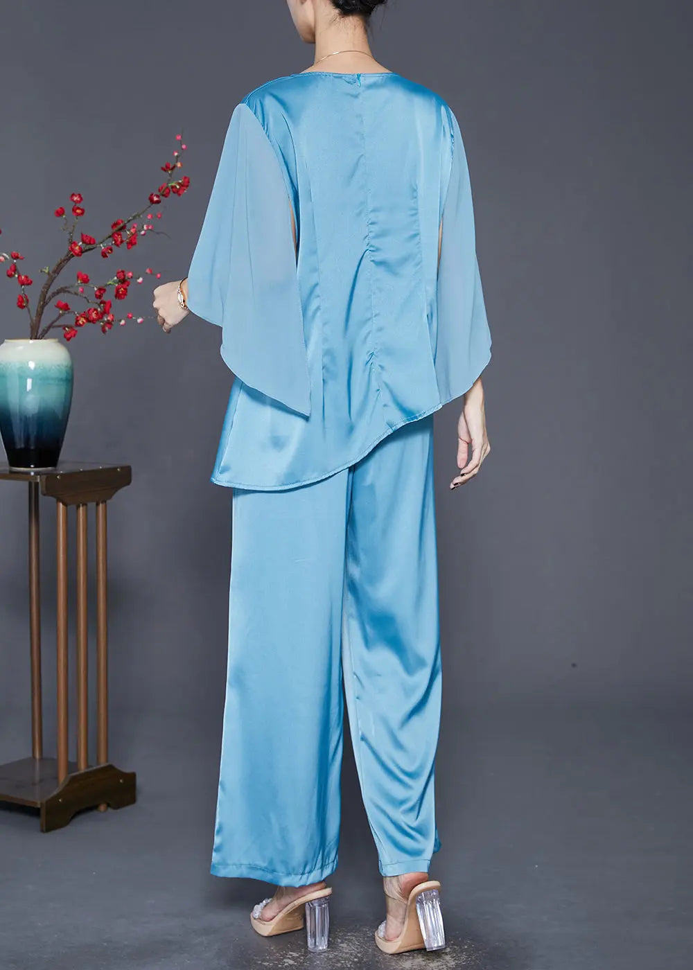 Beautiful Lake Blue Asymmetrical Wrinkled Silk Two Pieces Set Fall Ada Fashion