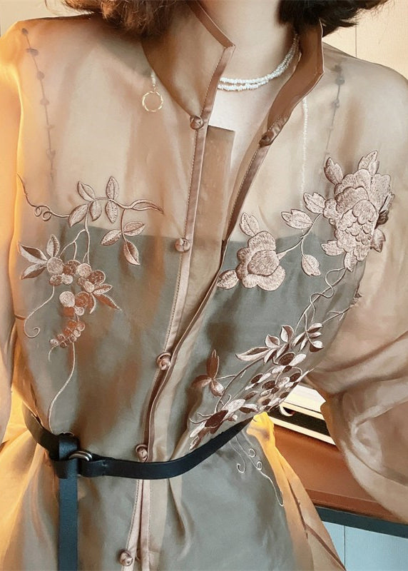 Beautiful Light Brown Embroideried Side Open Sashes Silk Shir Long Sleeve Ada Fashion