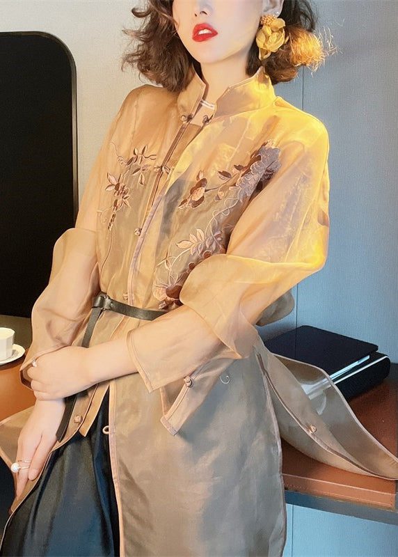 Beautiful Light Brown Embroideried Side Open Sashes Silk Shir Long Sleeve Ada Fashion