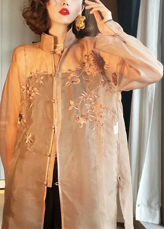 Beautiful Light Brown Embroideried Side Open Sashes Silk Shir Long Sleeve Ada Fashion