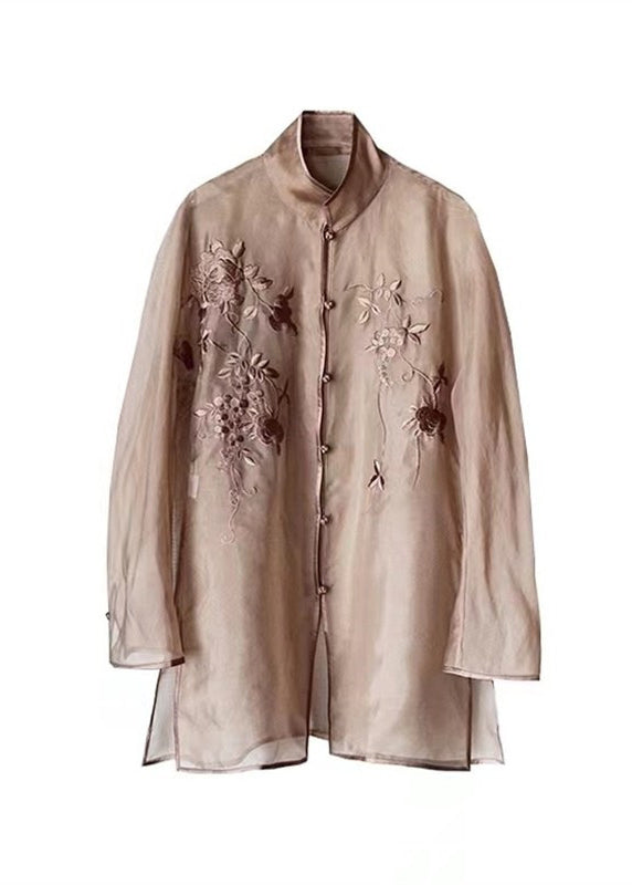 Beautiful Light Brown Embroideried Side Open Sashes Silk Shir Long Sleeve Ada Fashion