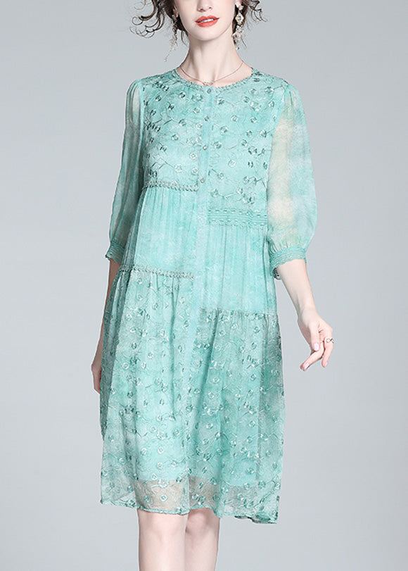 Beautiful Light Green O-Neck Embroideried Button Long Dresses Summer LT1035 - fabuloryshop