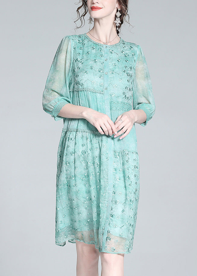 Beautiful Light Green O-Neck Embroideried Button Long Dresses Summer LT1035 - fabuloryshop