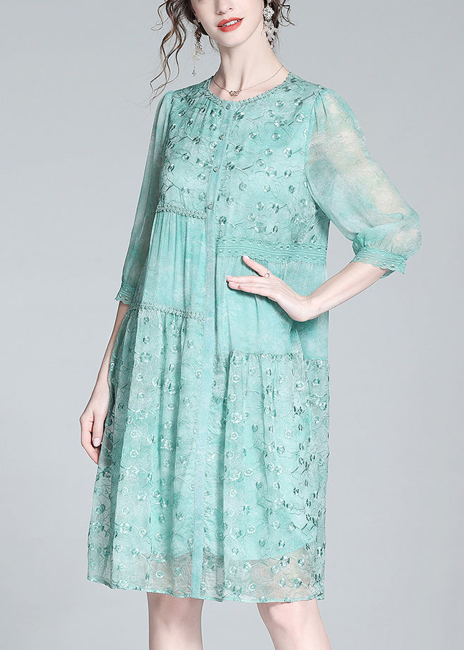 Beautiful Light Green O-Neck Embroideried Button Long Dresses Summer LT1035 - fabuloryshop