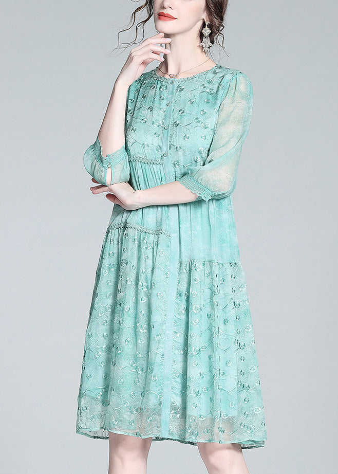 Beautiful Light Green O-Neck Embroideried Button Long Dresses Summer LT1035 - fabuloryshop