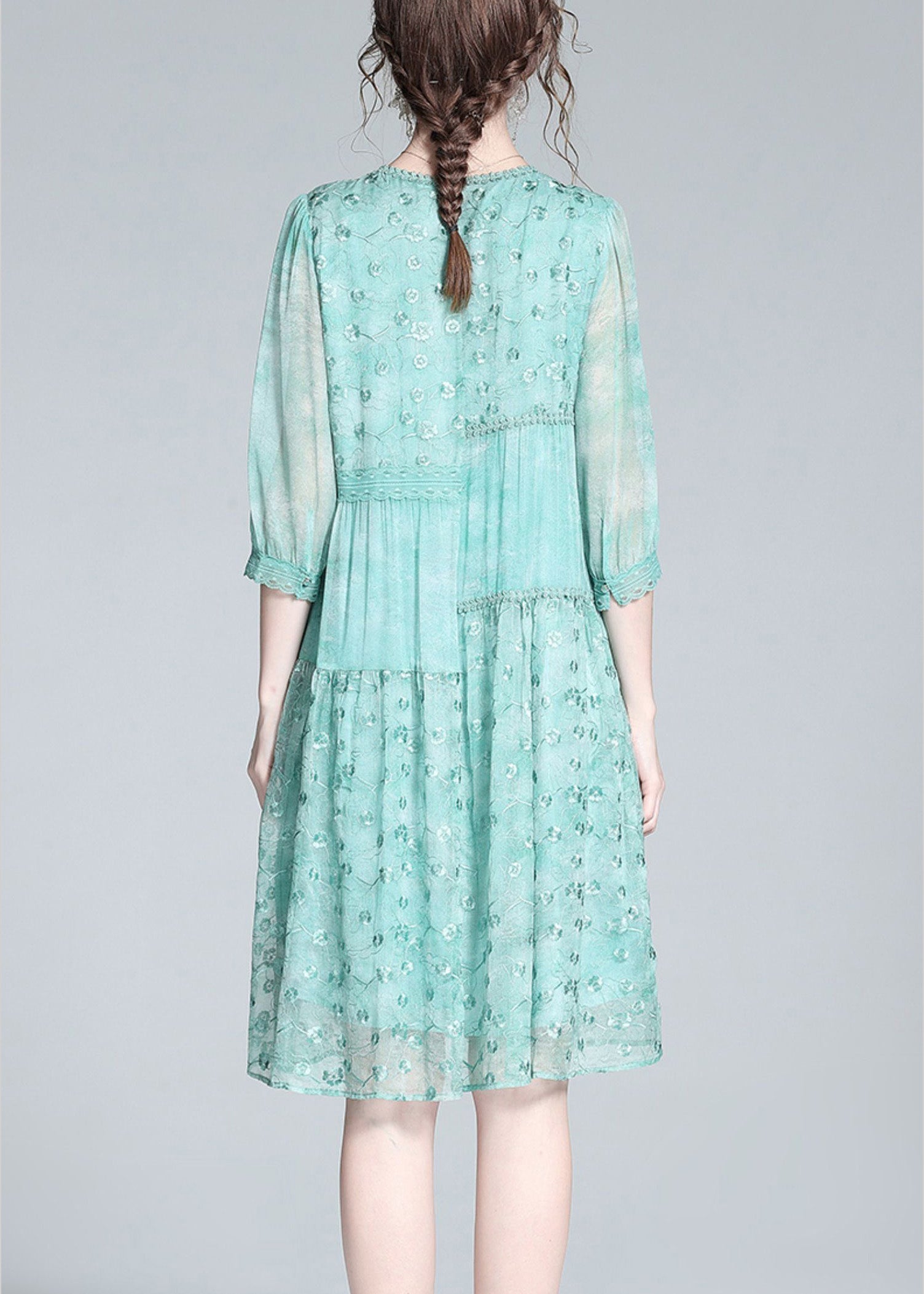 Beautiful Light Green O-Neck Embroideried Button Long Dresses Summer LT1035 - fabuloryshop