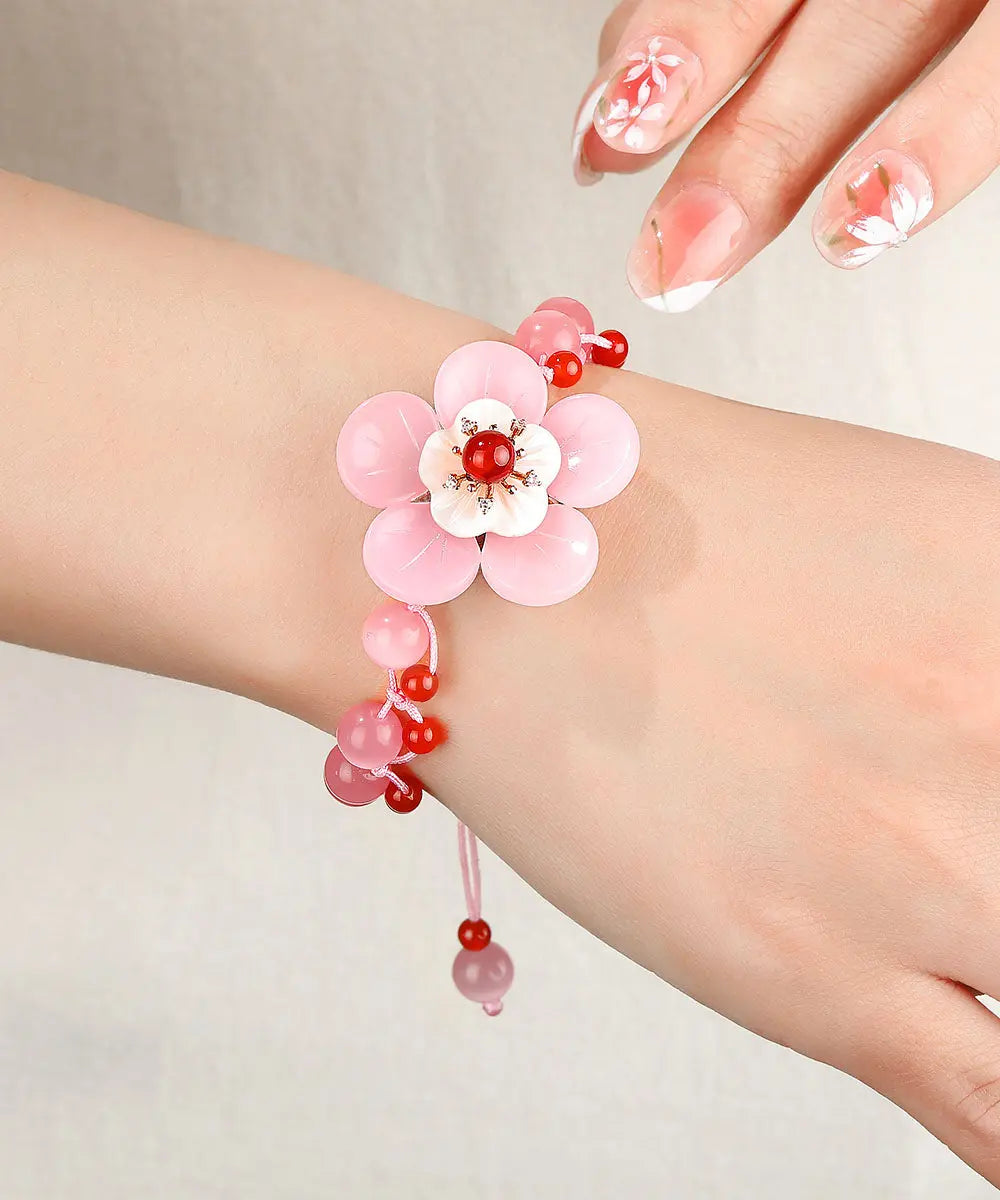 Beautiful Light Pink Coloured Glaze Shell Flower Cat's Eye Garnet Charm Bracelet Ada Fashion