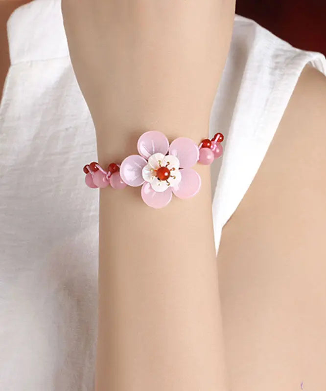 Beautiful Light Pink Coloured Glaze Shell Flower Cat's Eye Garnet Charm Bracelet Ada Fashion