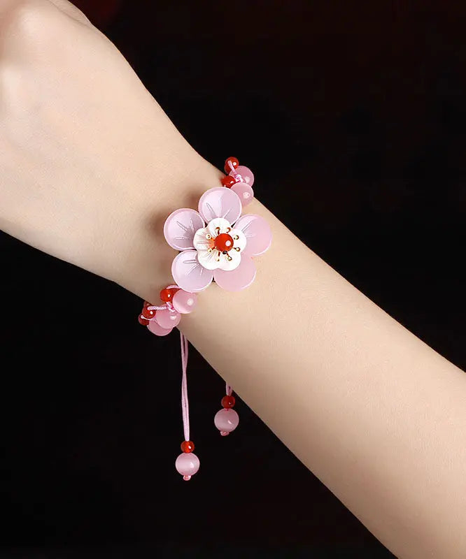 Beautiful Light Pink Coloured Glaze Shell Flower Cat's Eye Garnet Charm Bracelet Ada Fashion