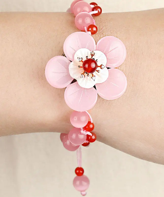 Beautiful Light Pink Coloured Glaze Shell Flower Cat's Eye Garnet Charm Bracelet Ada Fashion