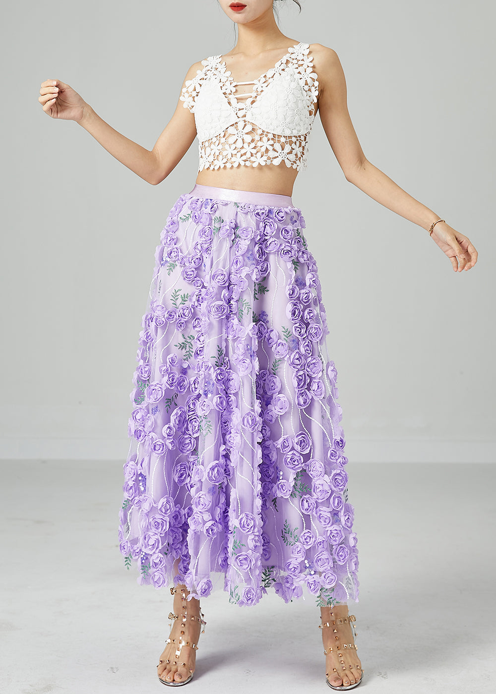 Beautiful Light Purple Embroideried Floral Tulle Skirts Summer LY2431 - fabuloryshop