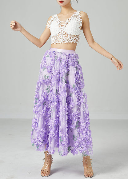 Beautiful Light Purple Embroideried Floral Tulle Skirts Summer LY2431 - fabuloryshop