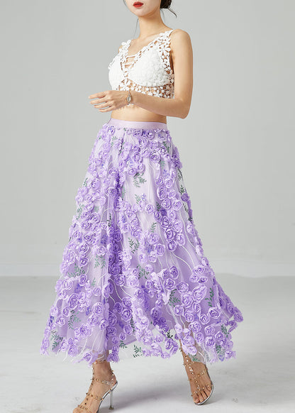 Beautiful Light Purple Embroideried Floral Tulle Skirts Summer LY2431 - fabuloryshop