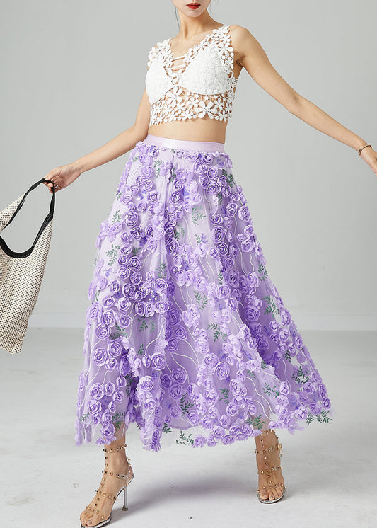 Beautiful Light Purple Embroideried Floral Tulle Skirts Summer LY2431