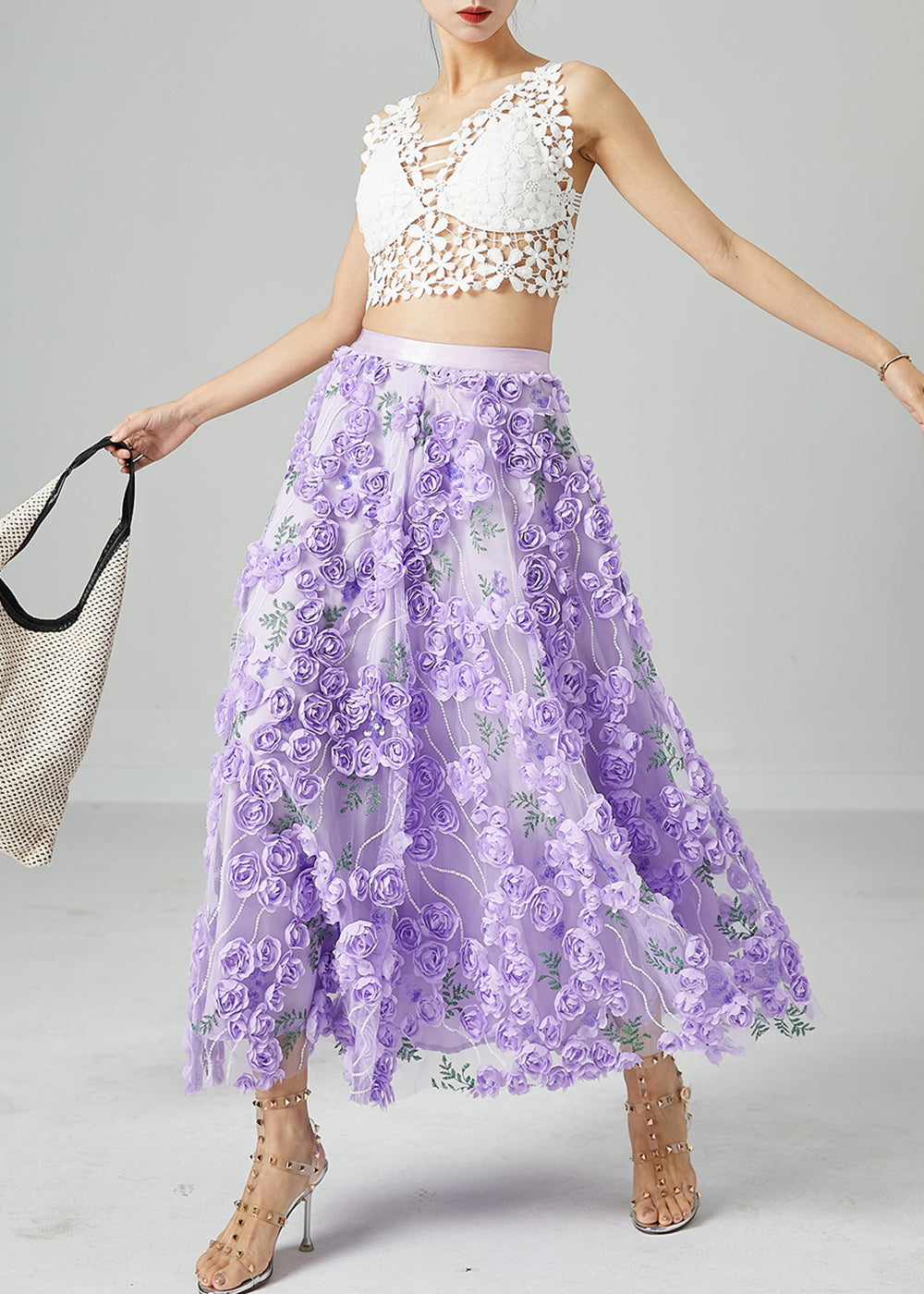 Beautiful Light Purple Embroideried Floral Tulle Skirts Summer LY2431 - fabuloryshop