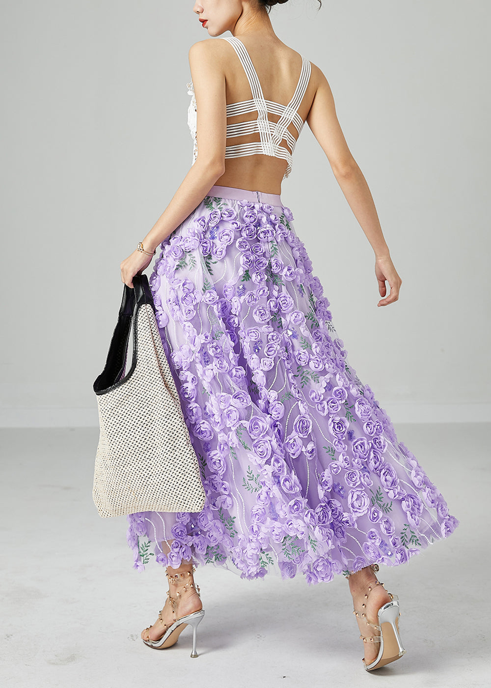 Beautiful Light Purple Embroideried Floral Tulle Skirts Summer LY2431