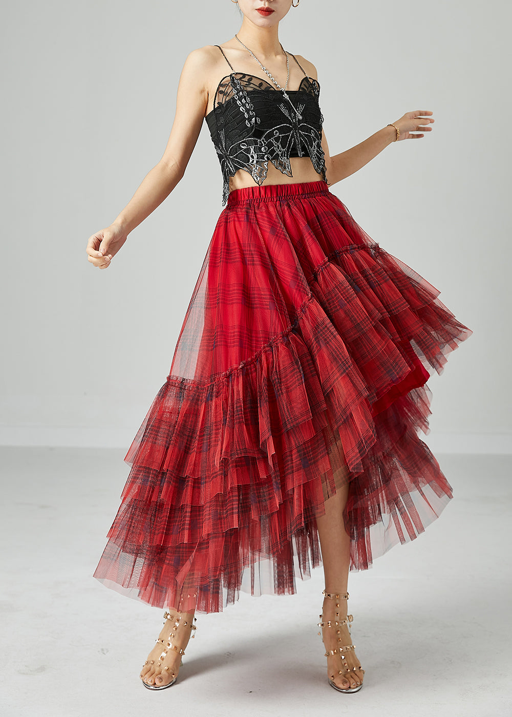 Beautiful Mulberry Asymmetrical Patchwork Wrinkled Tulle Skirt Summer LY2427 - fabuloryshop